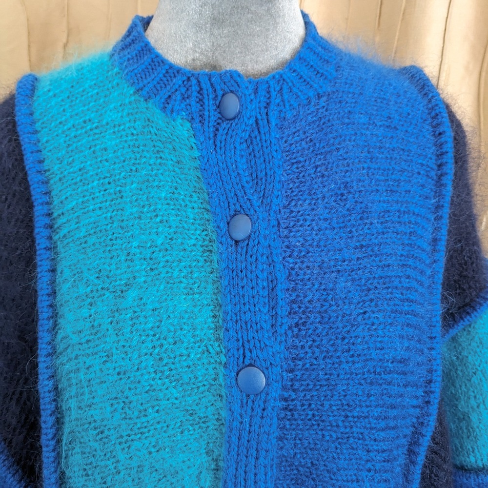 Vintage 80s Mohair Cardigan Sweater M/L Irish Colorblock Chunky Knit Oversized - Picture 4 of 14